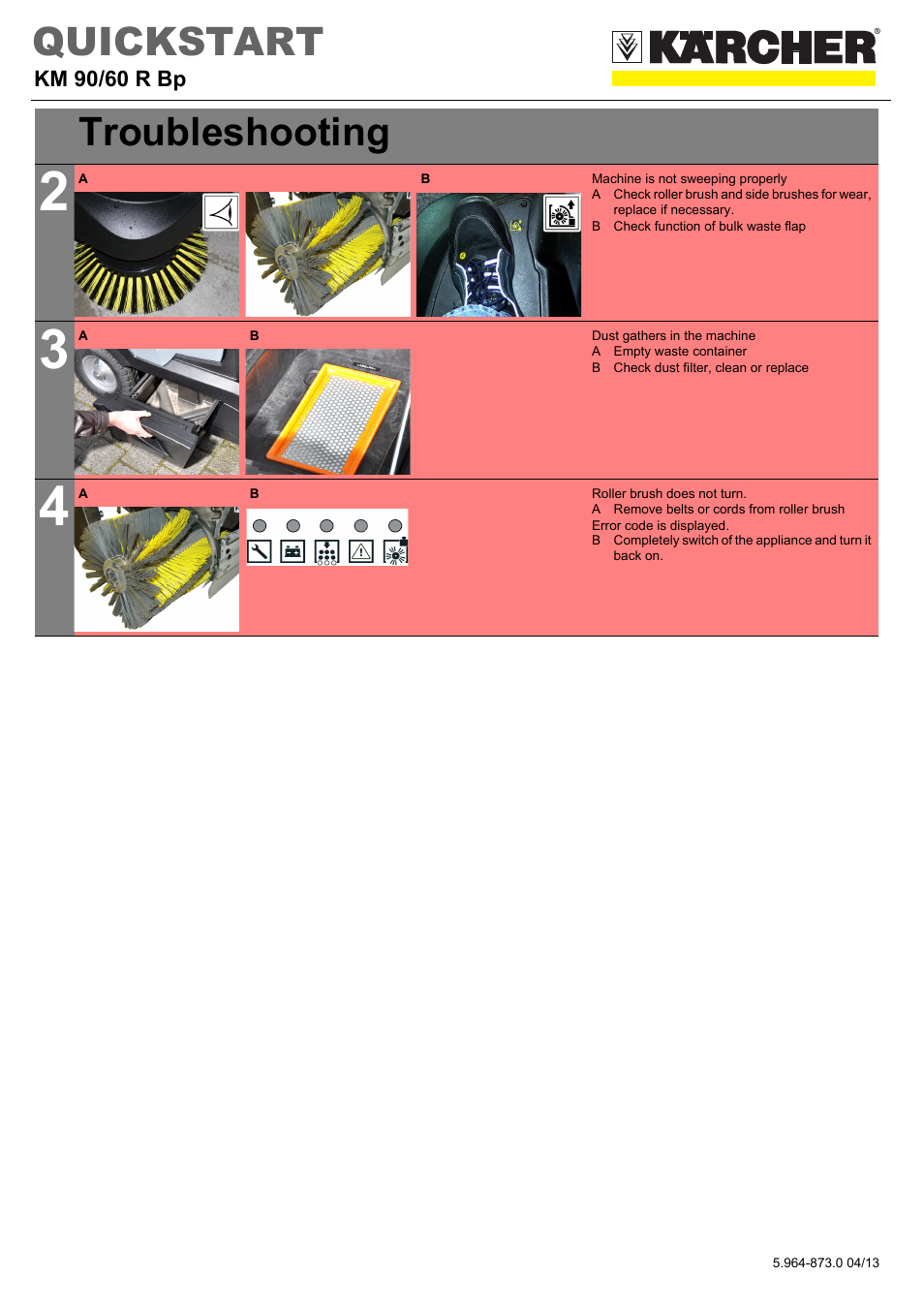 Tabellenreihe, Grafik, Machine is not sweeping properly | B check function of bulk waste flap, Dust gathers in the machine, A empty waste container, B check dust filter, clean or replace, Roller brush does not turn, A remove belts or cords from roller brush, Error code is displayed | Karcher KM 90-60 R Bp Advanced User Manual | Page 5 / 5