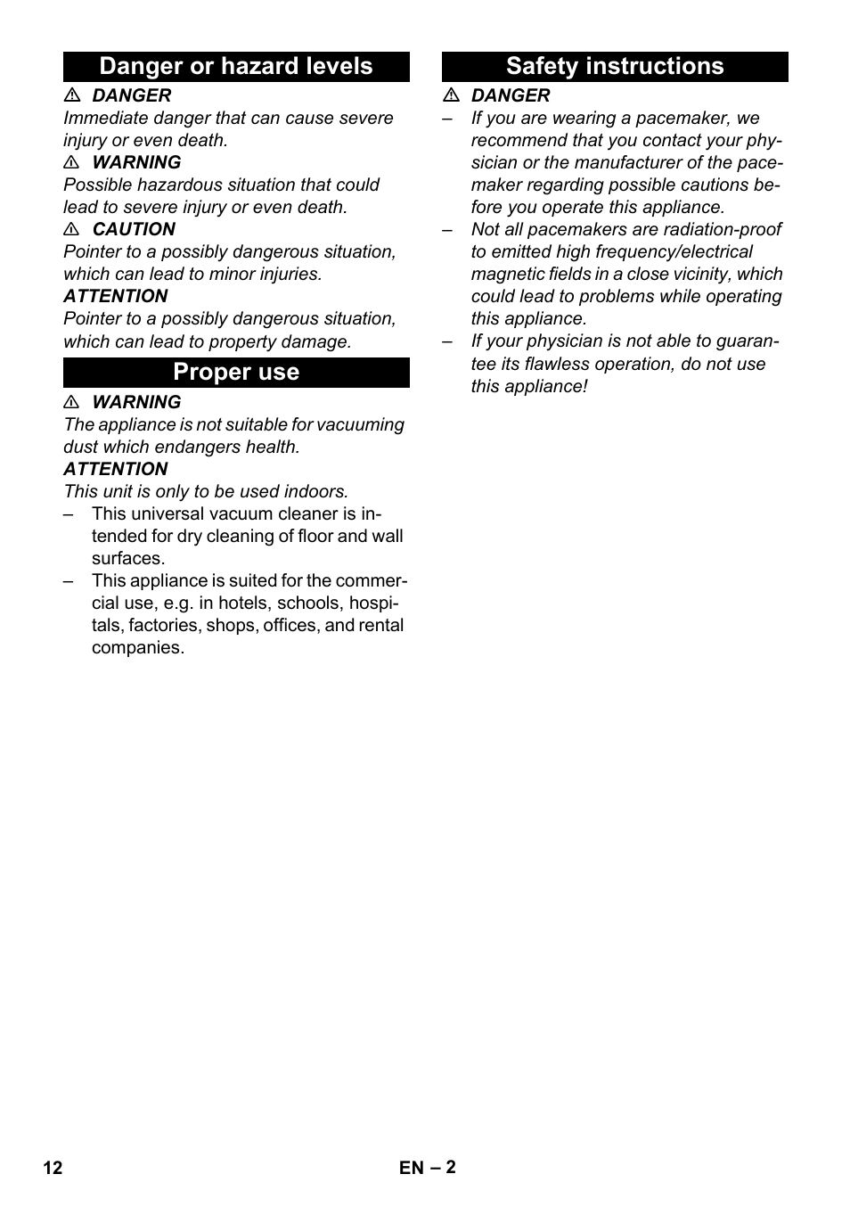 Danger or hazard levels, Proper use, Safety instructions | Karcher BV 5-1 User Manual | Page 12 / 212