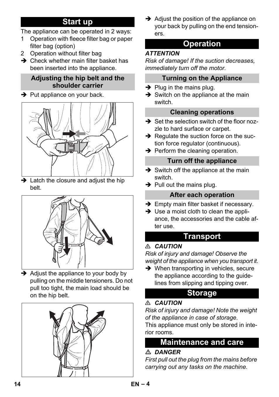 Start up, Adjusting the hip belt and the shoulder carrier, Operation | Turning on the appliance, Cleaning operations, Turn off the appliance, After each operation, Transport, Storage, Maintenance and care | Karcher BV 5-1 User Manual | Page 14 / 212