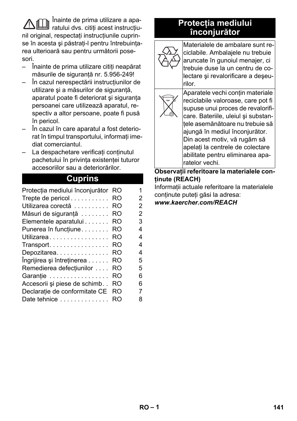 Româneşte, Cuprins, Protecţia mediului înconjurător | Karcher BV 5-1 User Manual | Page 141 / 212