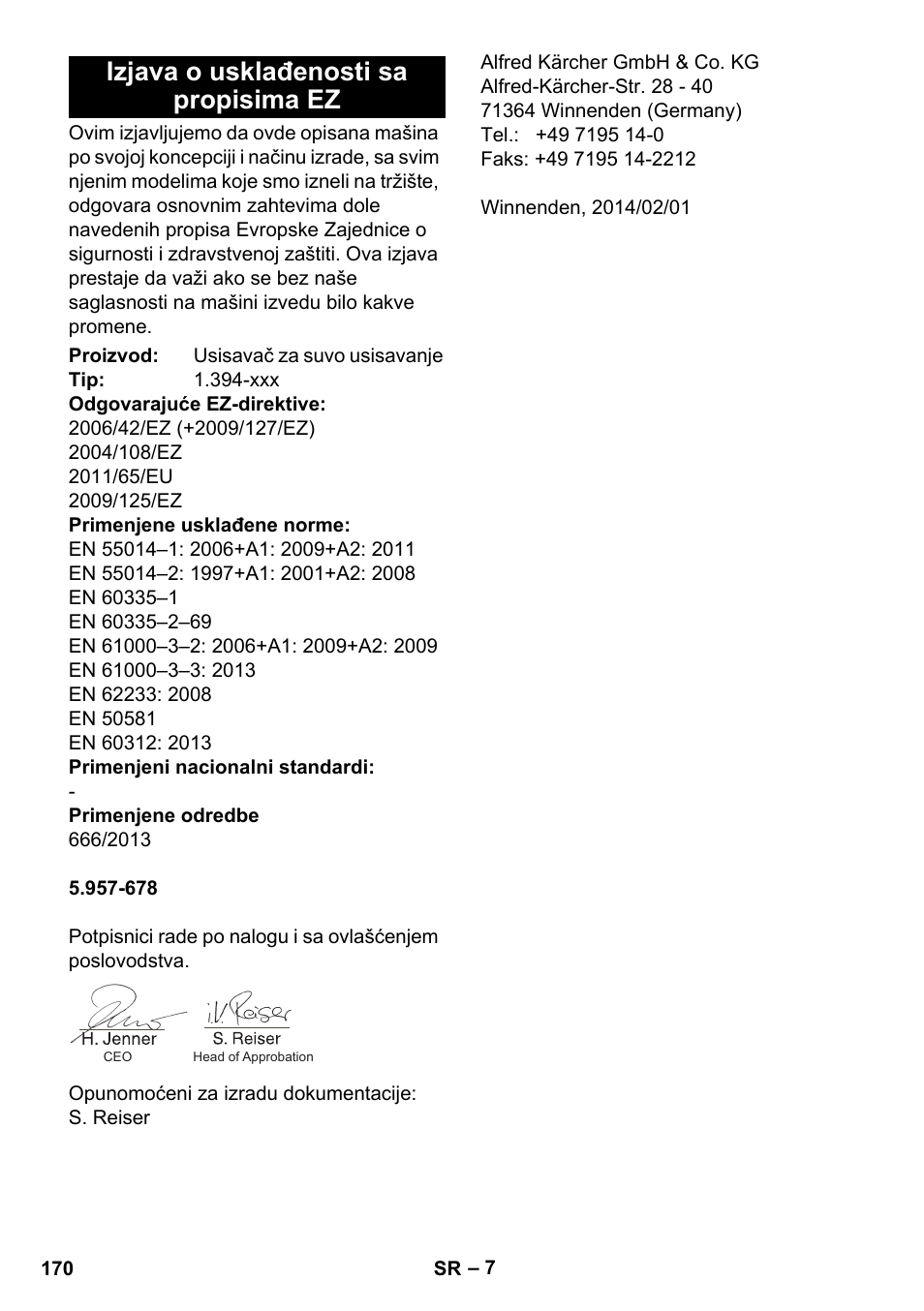 Izjava o usklađenosti sa propisima ez | Karcher BV 5-1 User Manual | Page 170 / 212