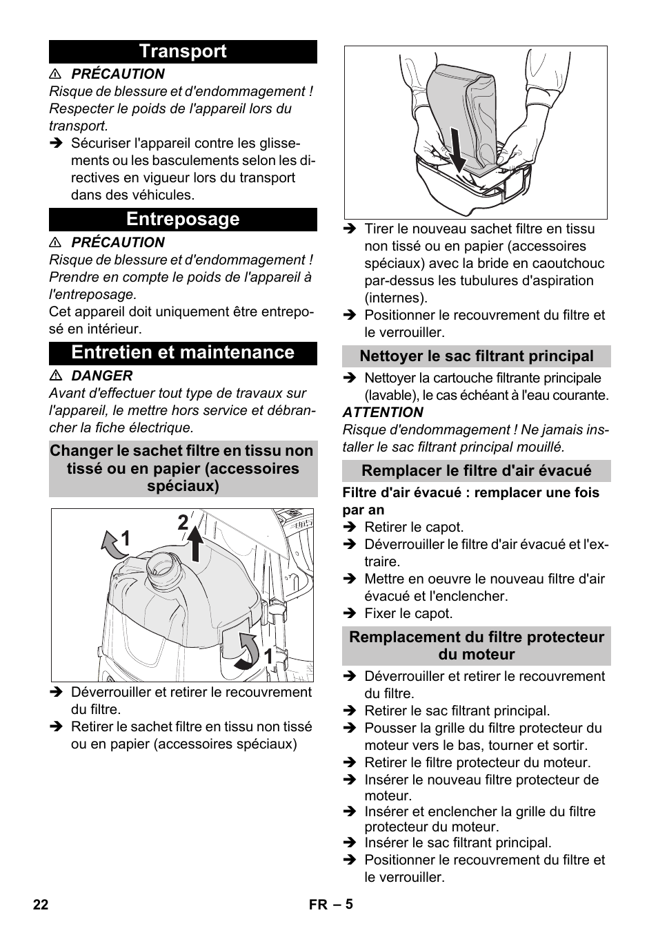 Transport, Entreposage, Entretien et maintenance | Nettoyer le sac filtrant principal, Remplacer le filtre d'air évacué, Remplacement du filtre protecteur du moteur, Transport entreposage entretien et maintenance | Karcher BV 5-1 User Manual | Page 22 / 212