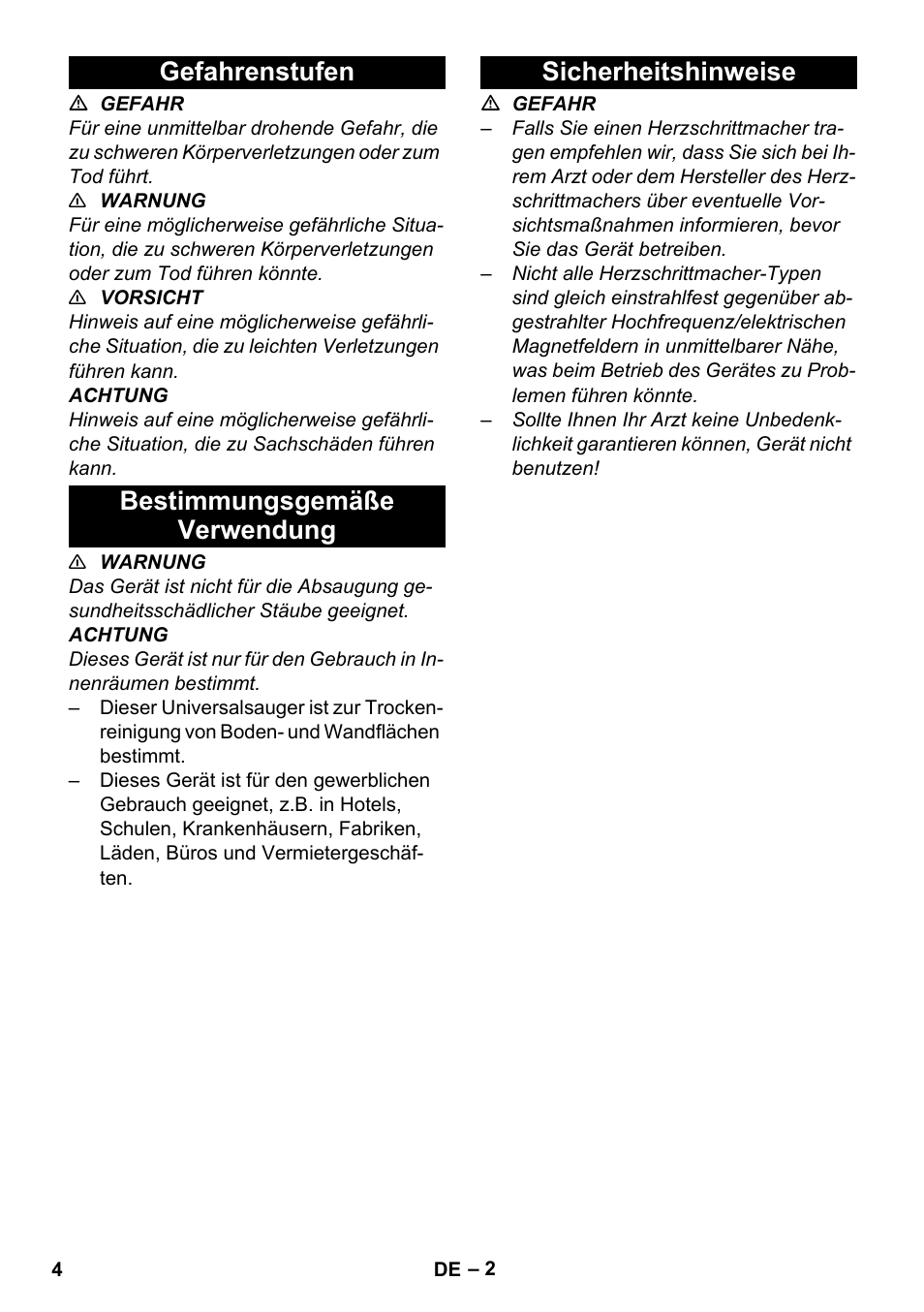 Gefahrenstufen, Bestimmungsgemäße verwendung, Sicherheitshinweise | Karcher BV 5-1 User Manual | Page 4 / 212