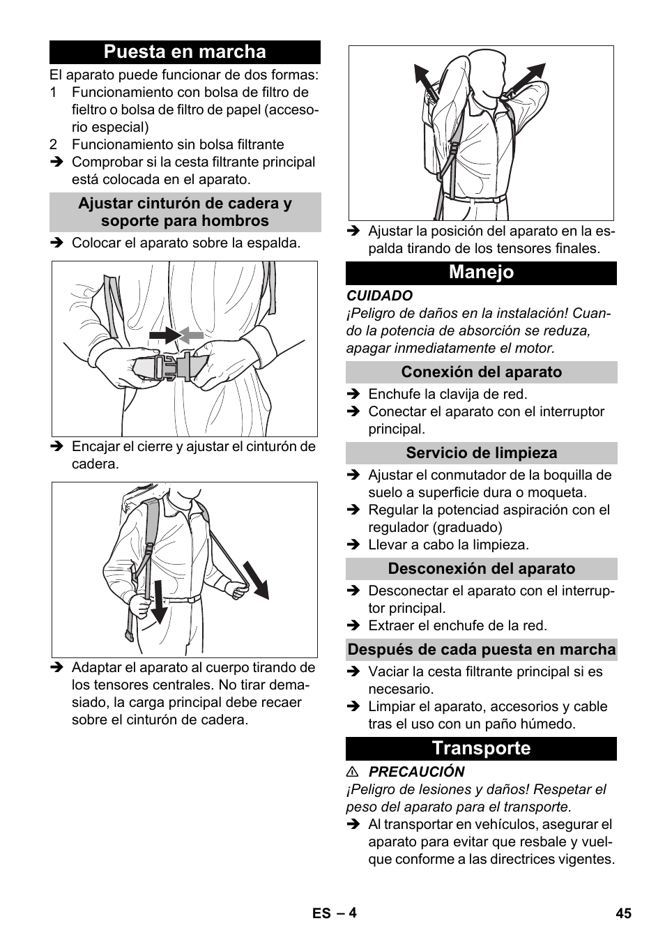 Puesta en marcha, Ajustar cinturón de cadera y soporte para hombros, Manejo | Conexión del aparato, Servicio de limpieza, Desconexión del aparato, Después de cada puesta en marcha, Transporte | Karcher BV 5-1 User Manual | Page 45 / 212