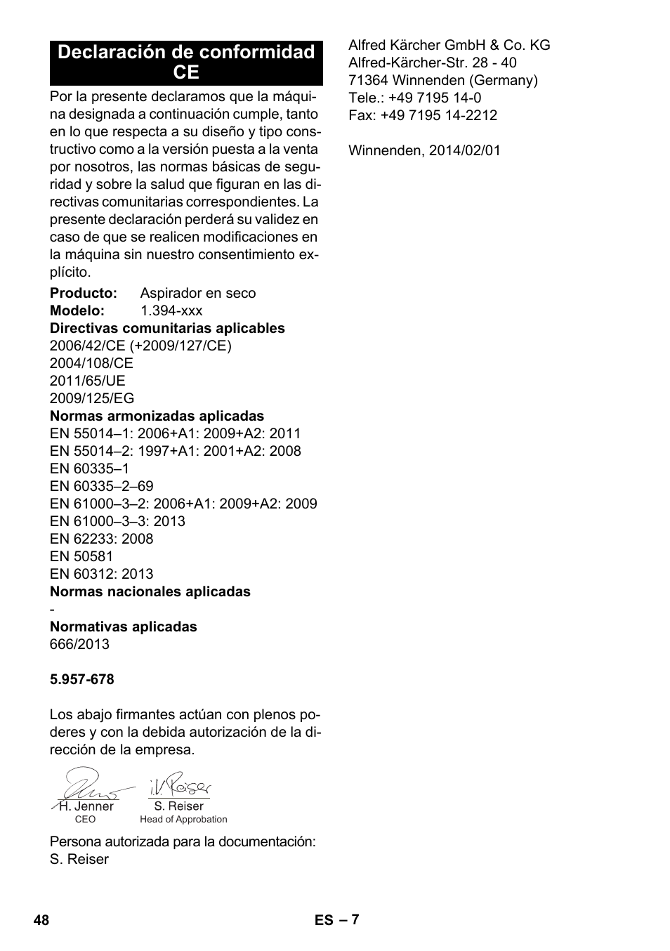 Declaración de conformidad ce | Karcher BV 5-1 User Manual | Page 48 / 212