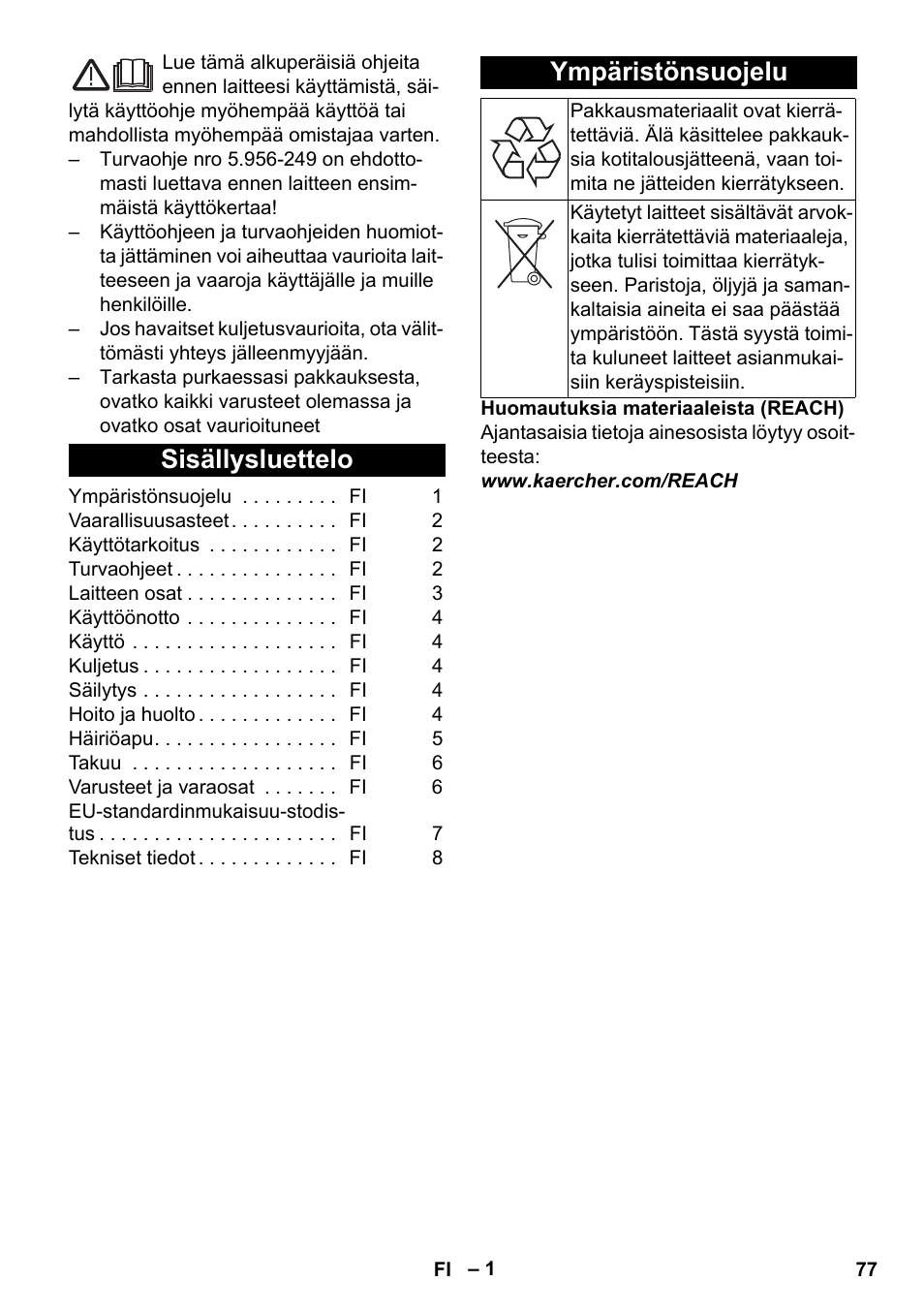 Suomi, Sisällysluettelo, Ympäristönsuojelu | Karcher BV 5-1 User Manual | Page 77 / 212