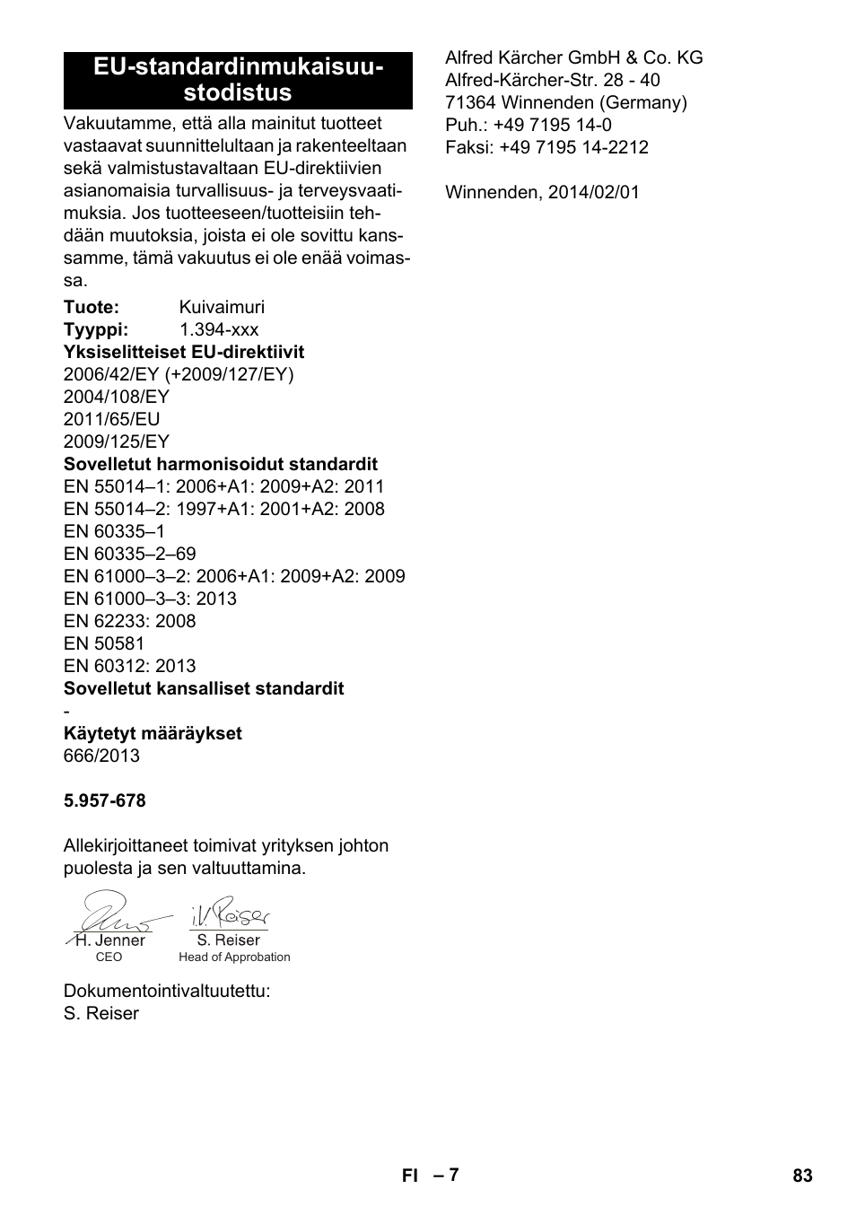 Eu-standardinmukaisuu- stodistus | Karcher BV 5-1 User Manual | Page 83 / 212