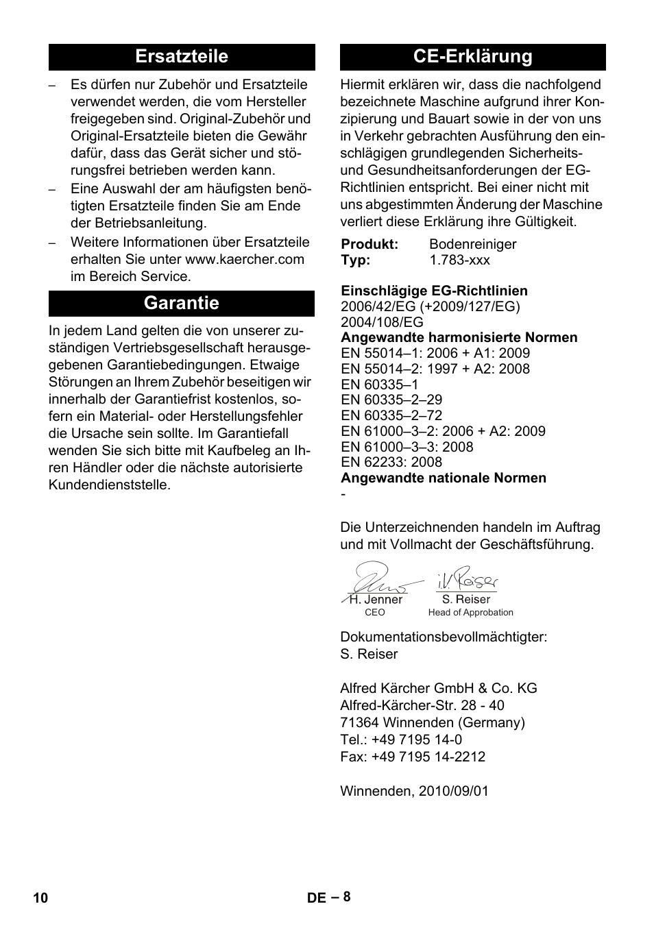Ersatzteile garantie ce-erklärung | Karcher BR 30-4 C Bp Pack User Manual | Page 10 / 252