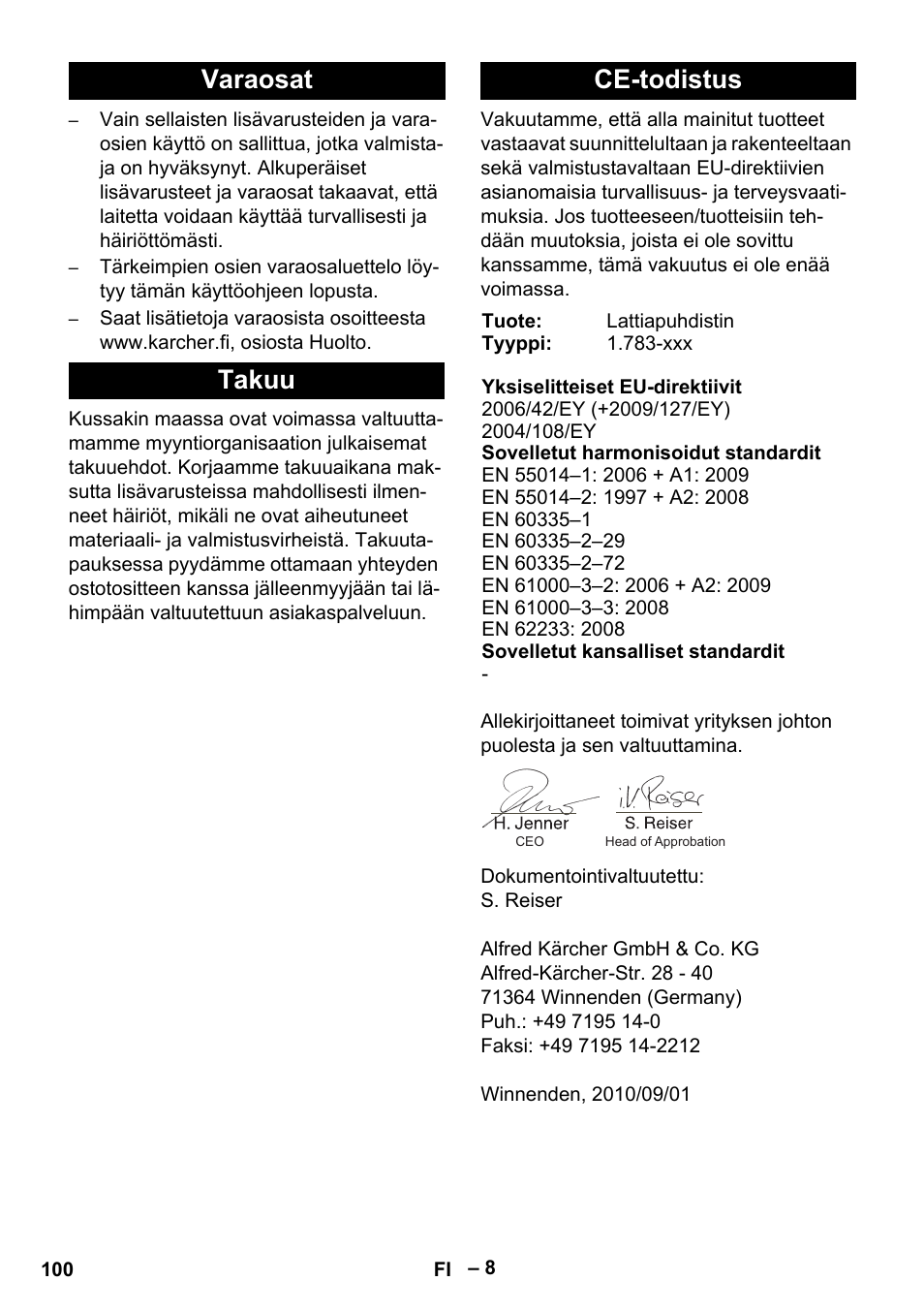 Varaosat takuu ce-todistus | Karcher BR 30-4 C Bp Pack User Manual | Page 100 / 252