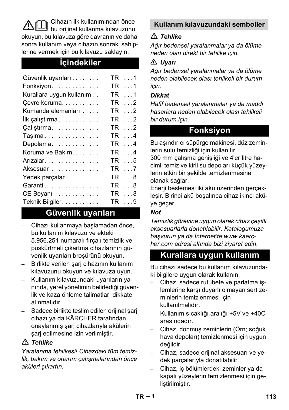 Türkçe, Slovenščina, Içindekiler | Güvenlik uyarıları, Fonksiyon kurallara uygun kullanım | Karcher BR 30-4 C Bp Pack User Manual | Page 113 / 252