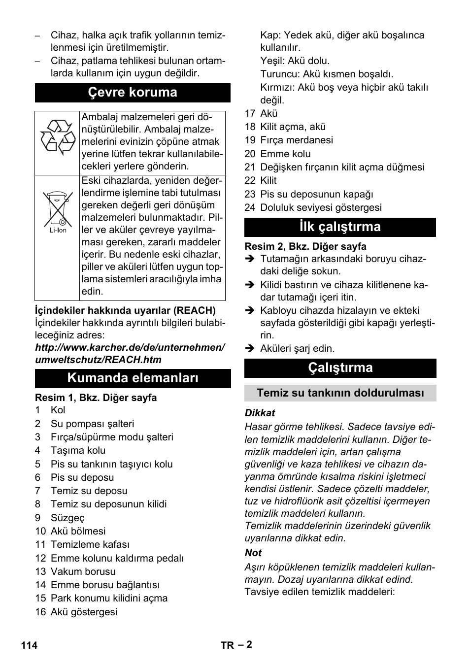 Çevre koruma, Kumanda elemanları ilk çalıştırma çalıştırma | Karcher BR 30-4 C Bp Pack User Manual | Page 114 / 252