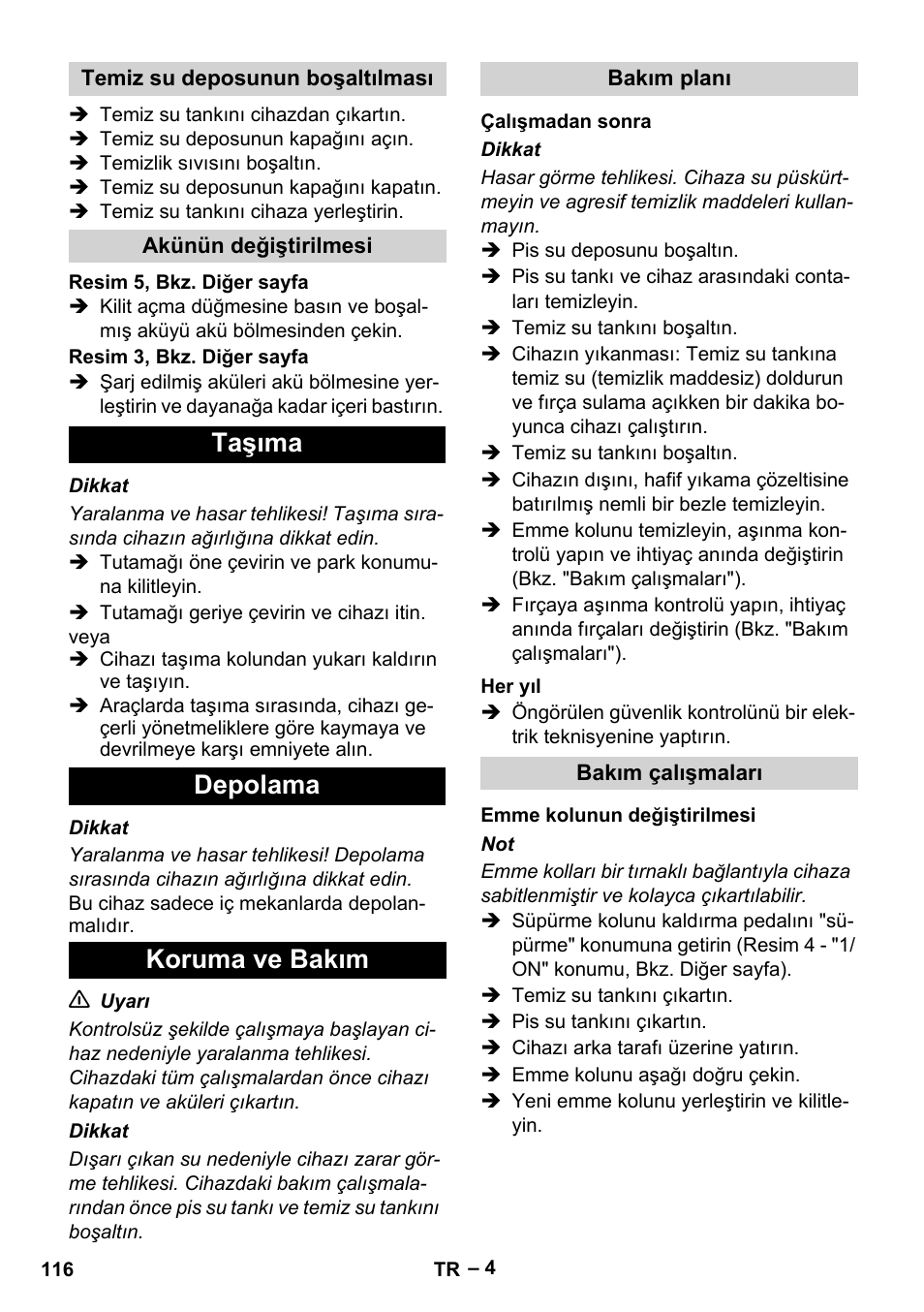 Taşıma depolama koruma ve bakım | Karcher BR 30-4 C Bp Pack User Manual | Page 116 / 252