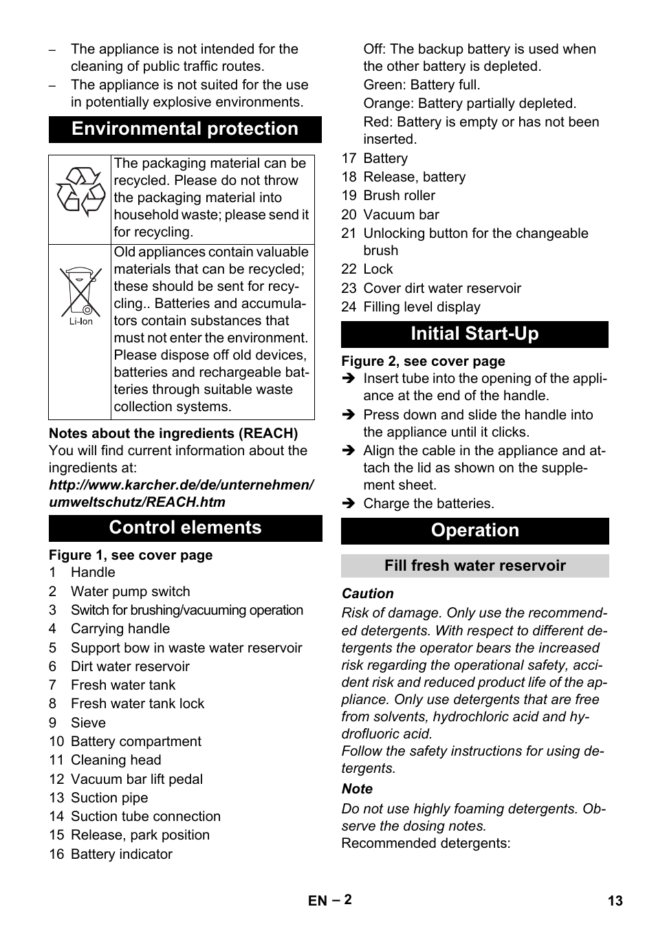 Environmental protection, Control elements initial start-up operation | Karcher BR 30-4 C Bp Pack User Manual | Page 13 / 252