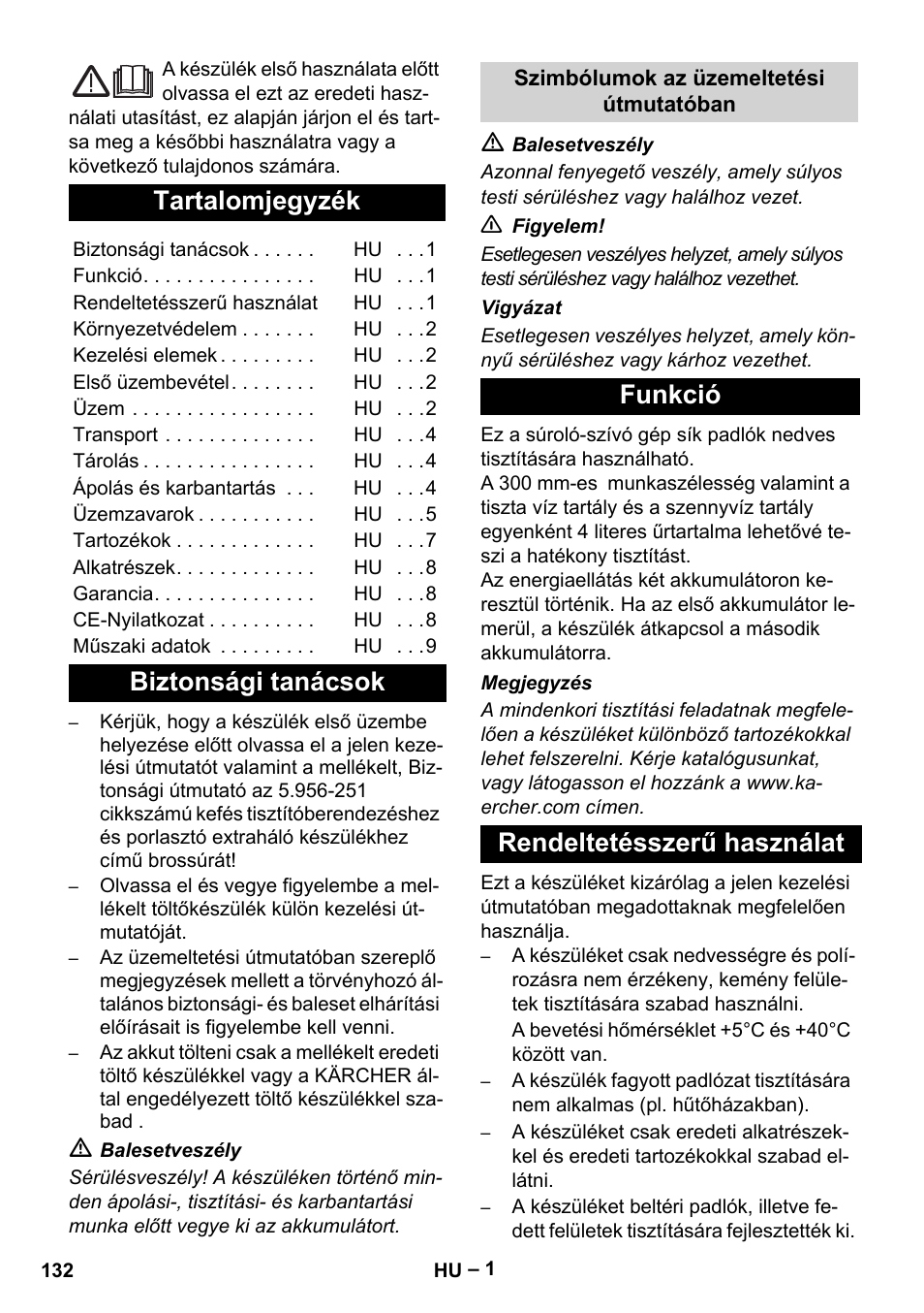 Magyar, Româneşte, Tartalomjegyzék | Biztonsági tanácsok, Funkció rendeltetésszerű használat | Karcher BR 30-4 C Bp Pack User Manual | Page 132 / 252