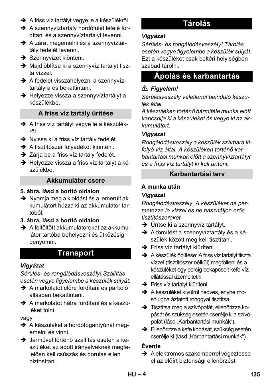 Transport tárolás ápolás és karbantartás | Karcher BR 30-4 C Bp Pack User Manual | Page 135 / 252