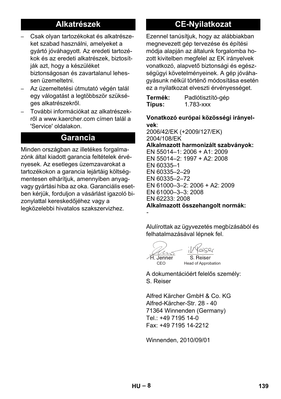 Alkatrészek garancia ce-nyilatkozat | Karcher BR 30-4 C Bp Pack User Manual | Page 139 / 252