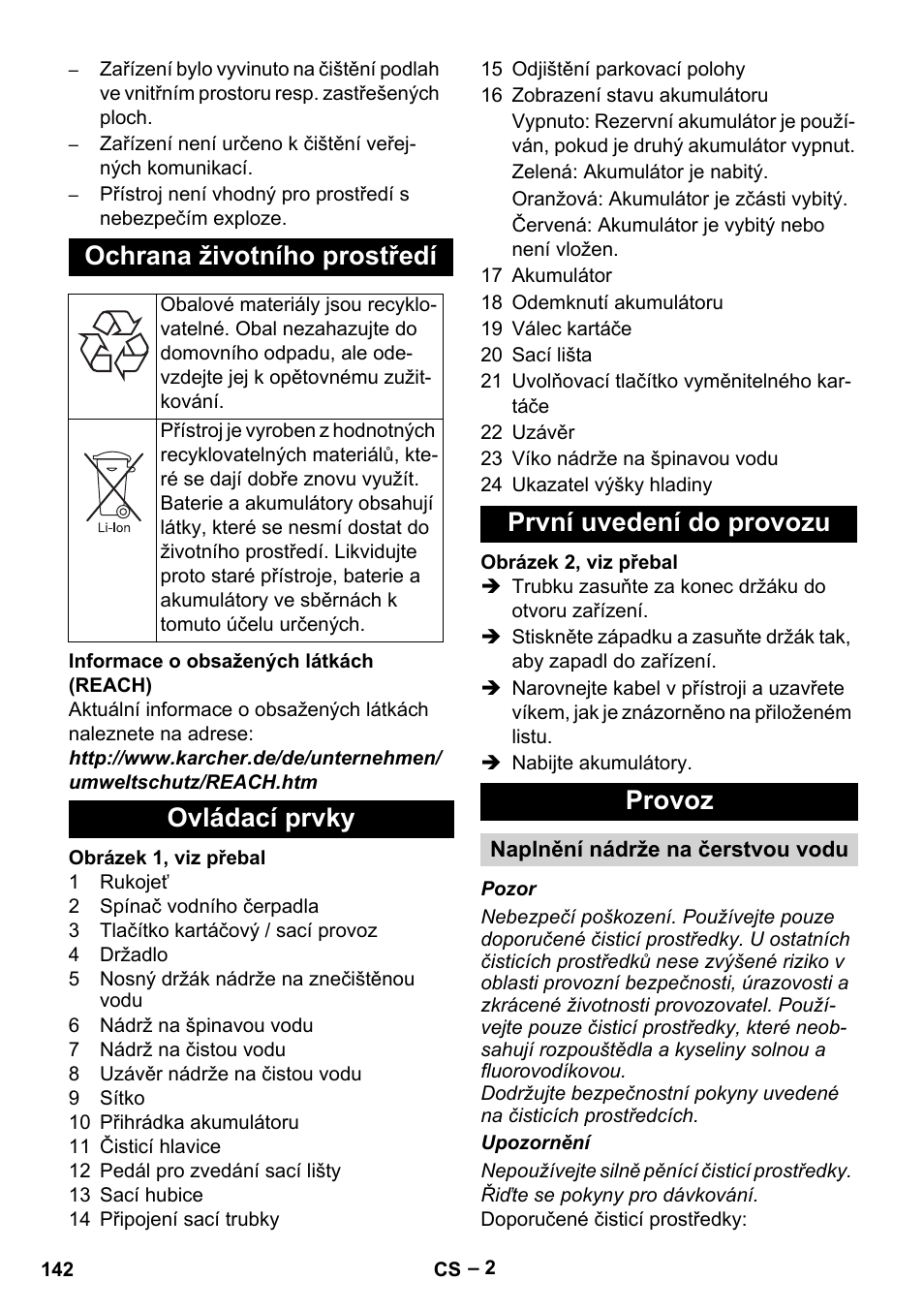 Ochrana životního prostředí, Ovládací prvky první uvedení do provozu provoz | Karcher BR 30-4 C Bp Pack User Manual | Page 142 / 252