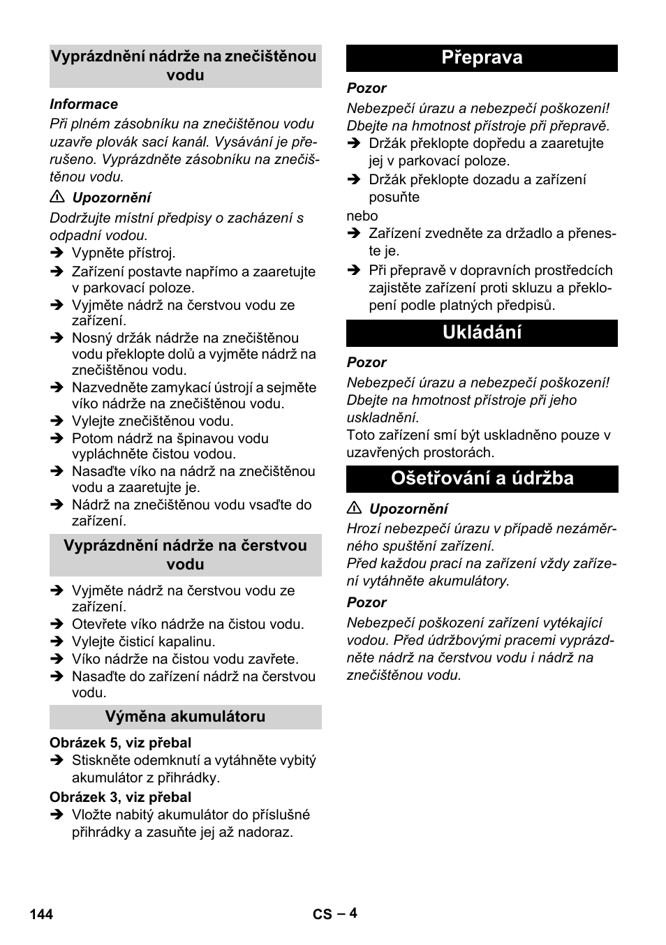 Přeprava ukládání ošetřování a údržba | Karcher BR 30-4 C Bp Pack User Manual | Page 144 / 252