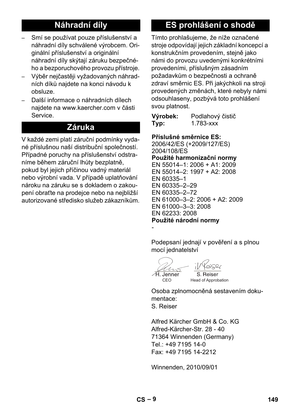 Náhradní díly záruka es prohlášení o shodě | Karcher BR 30-4 C Bp Pack User Manual | Page 149 / 252