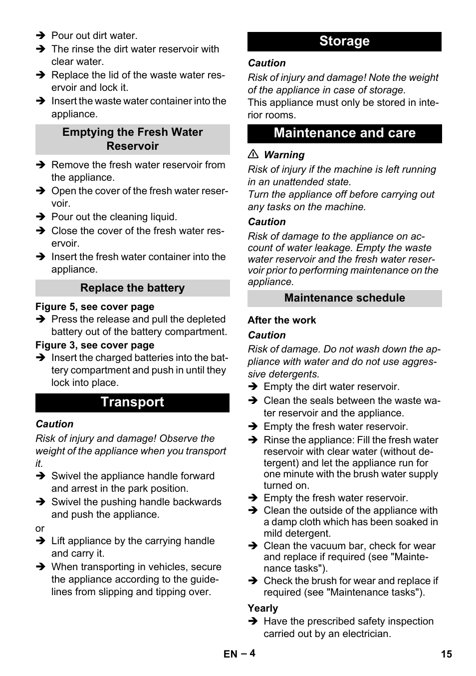 Transport storage maintenance and care | Karcher BR 30-4 C Bp Pack User Manual | Page 15 / 252