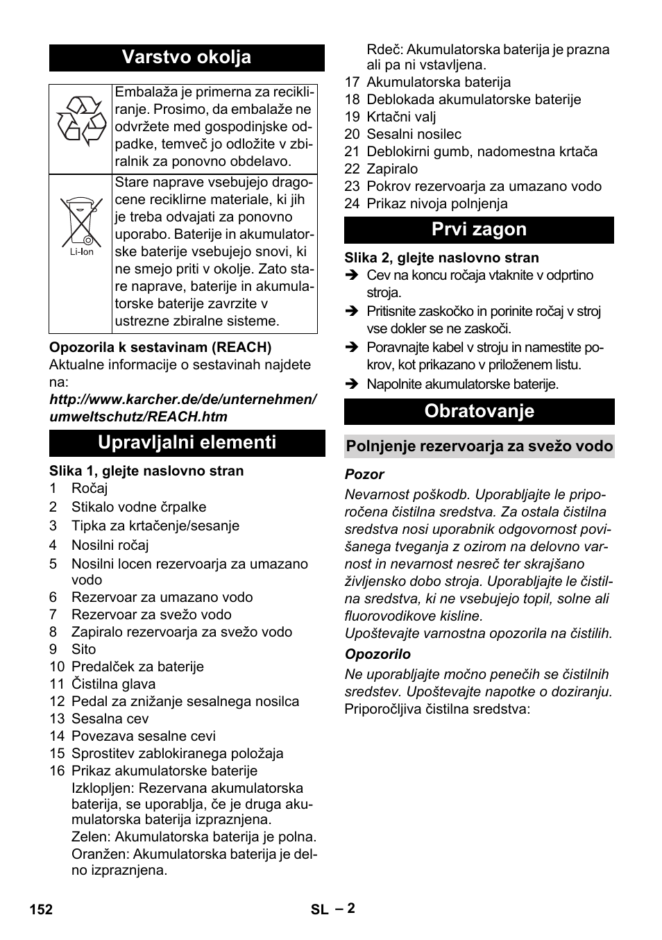 Varstvo okolja, Upravljalni elementi prvi zagon obratovanje | Karcher BR 30-4 C Bp Pack User Manual | Page 152 / 252