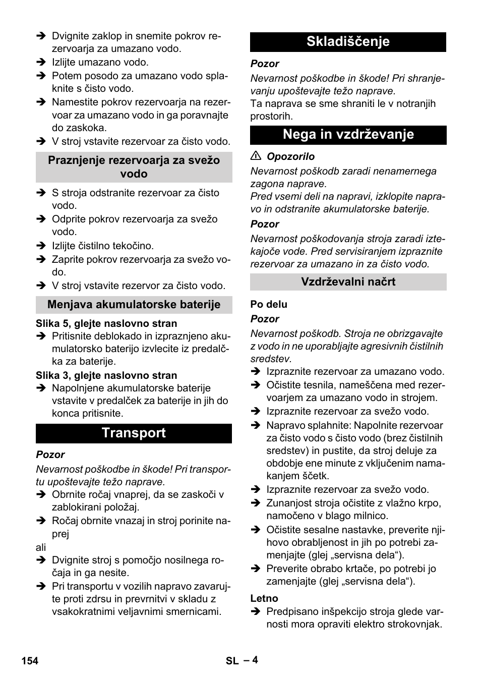 Transport skladiščenje nega in vzdrževanje | Karcher BR 30-4 C Bp Pack User Manual | Page 154 / 252