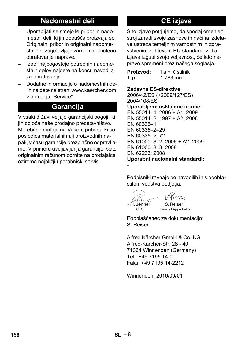 Nadomestni deli garancija ce izjava | Karcher BR 30-4 C Bp Pack User Manual | Page 158 / 252