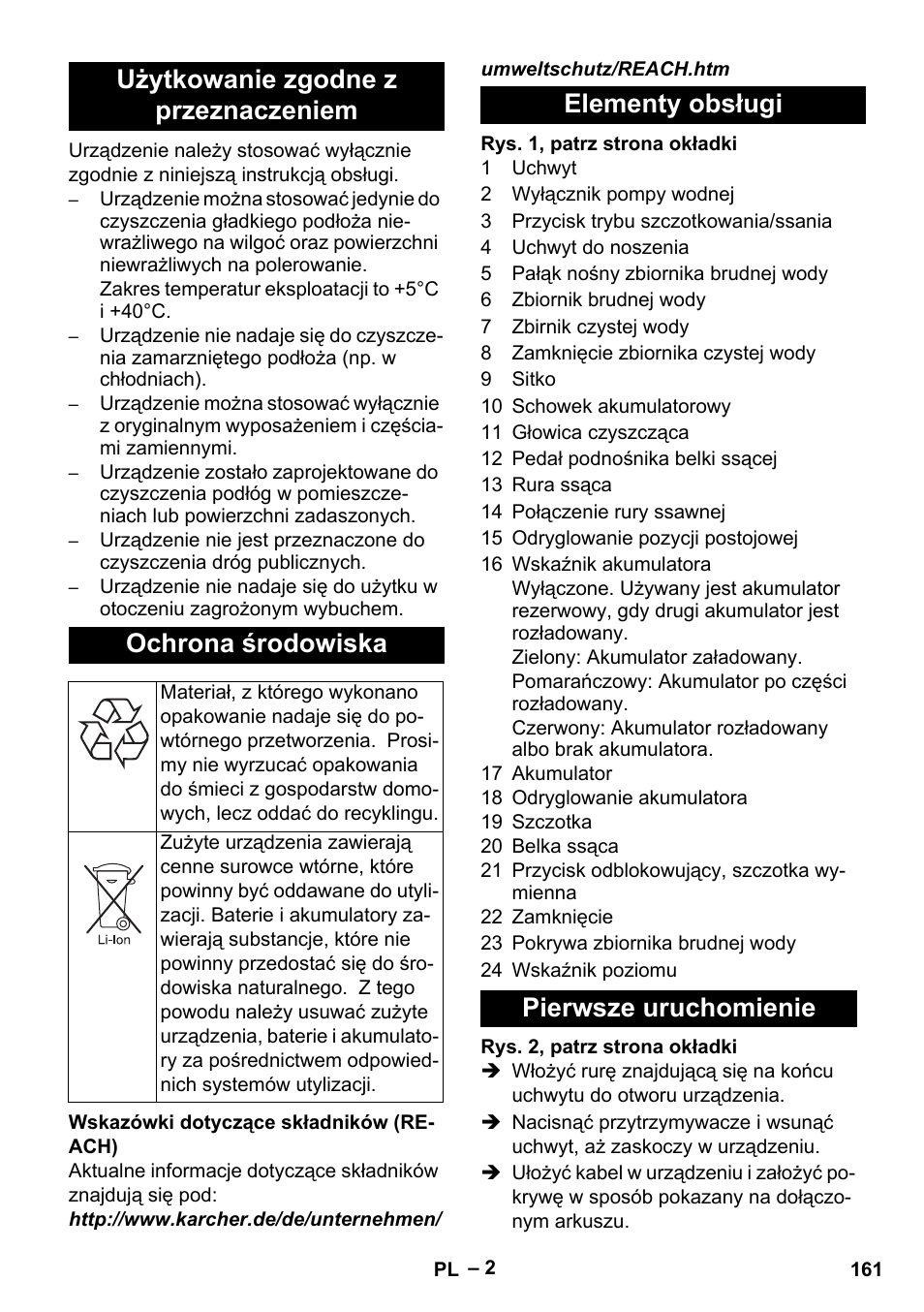 Elementy obsługi pierwsze uruchomienie | Karcher BR 30-4 C Bp Pack User Manual | Page 161 / 252