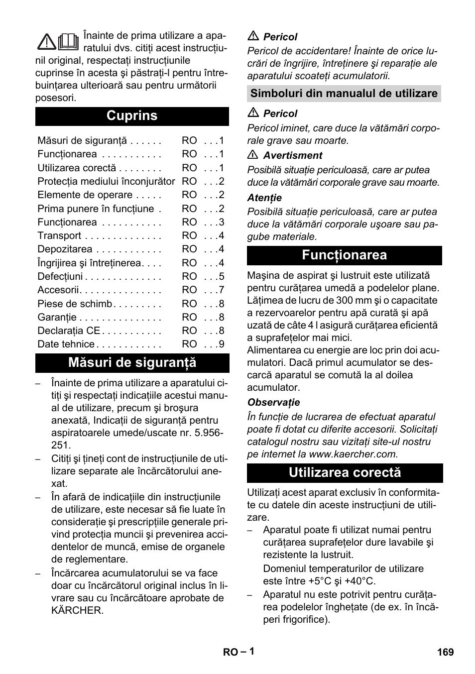 Româneşte, Български, Românete | Cuprins, Măsuri de siguranţă, Funcţionarea utilizarea corectă | Karcher BR 30-4 C Bp Pack User Manual | Page 169 / 252