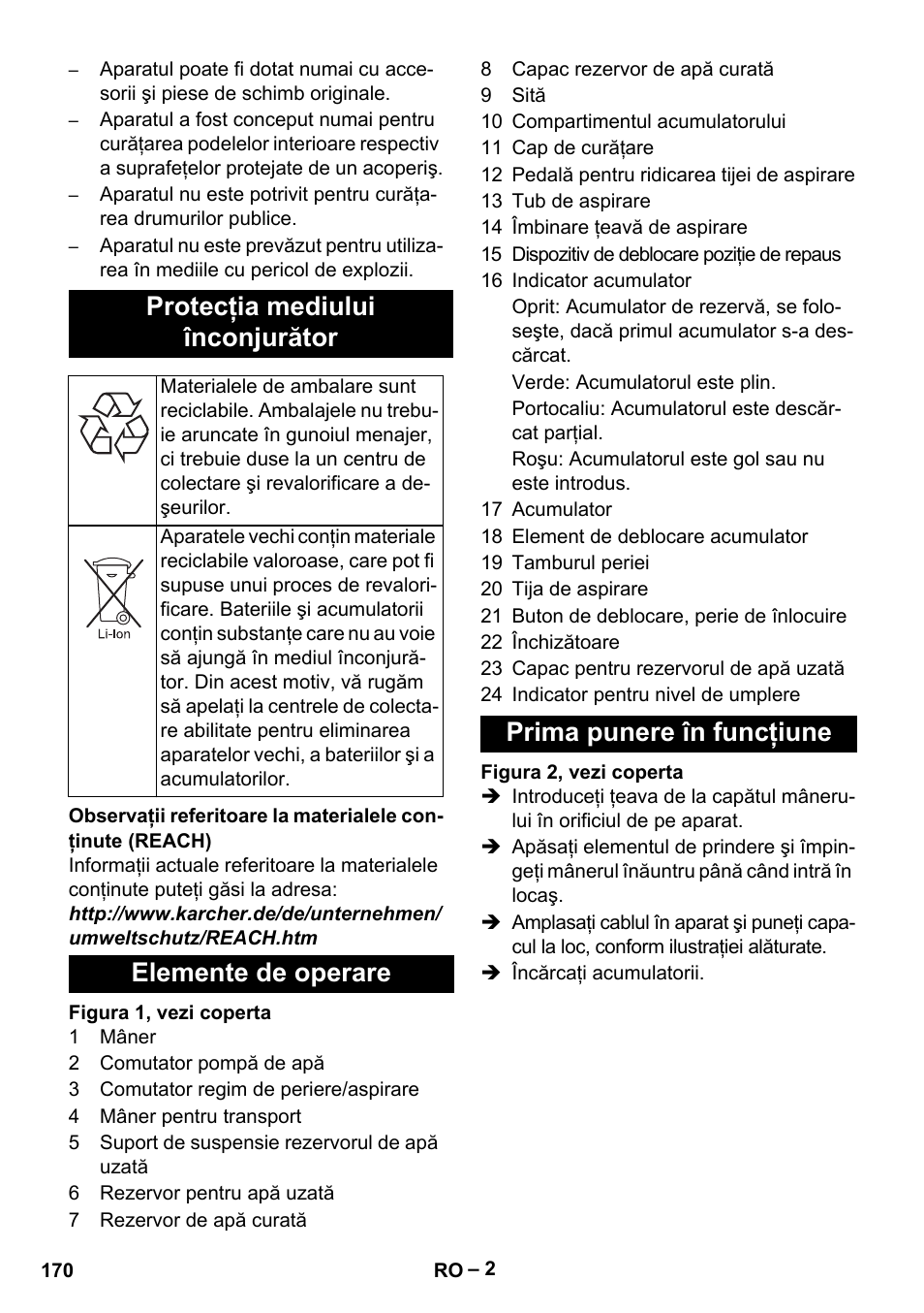 Protecţia mediului înconjurător, Elemente de operare prima punere în funcţiune | Karcher BR 30-4 C Bp Pack User Manual | Page 170 / 252