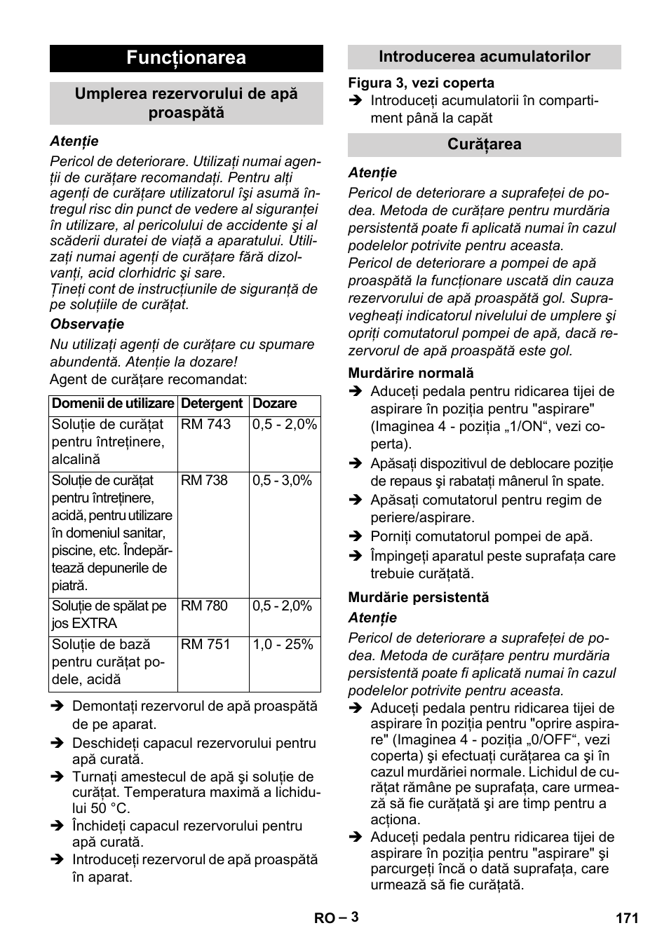 Funcţionarea | Karcher BR 30-4 C Bp Pack User Manual | Page 171 / 252