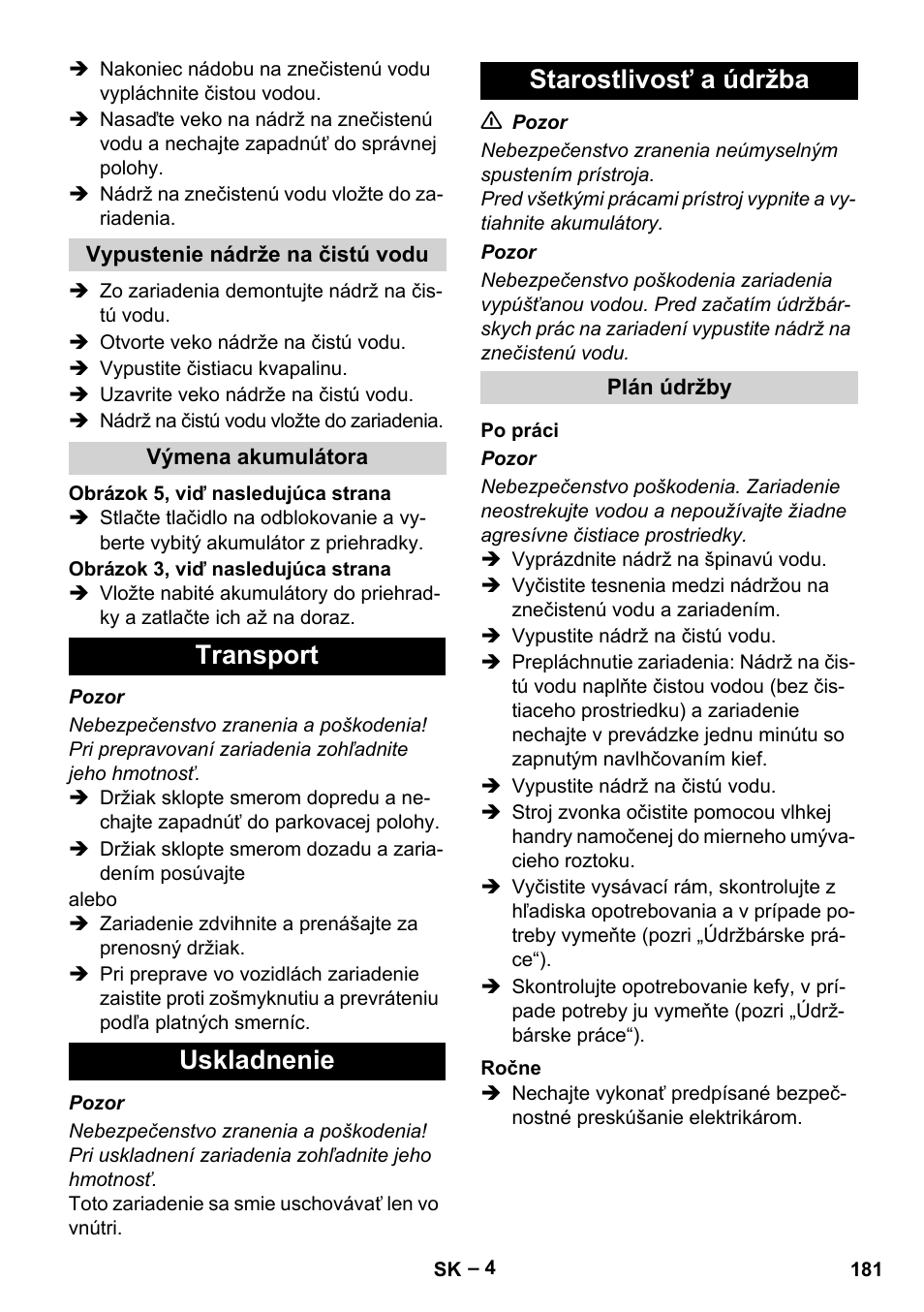 Transport uskladnenie starostlivosť a údržba | Karcher BR 30-4 C Bp Pack User Manual | Page 181 / 252