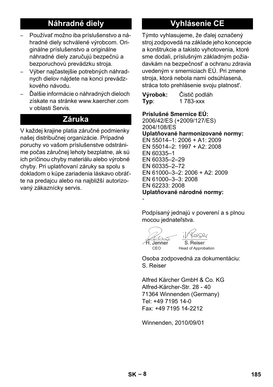 Náhradné diely záruka vyhlásenie ce | Karcher BR 30-4 C Bp Pack User Manual | Page 185 / 252