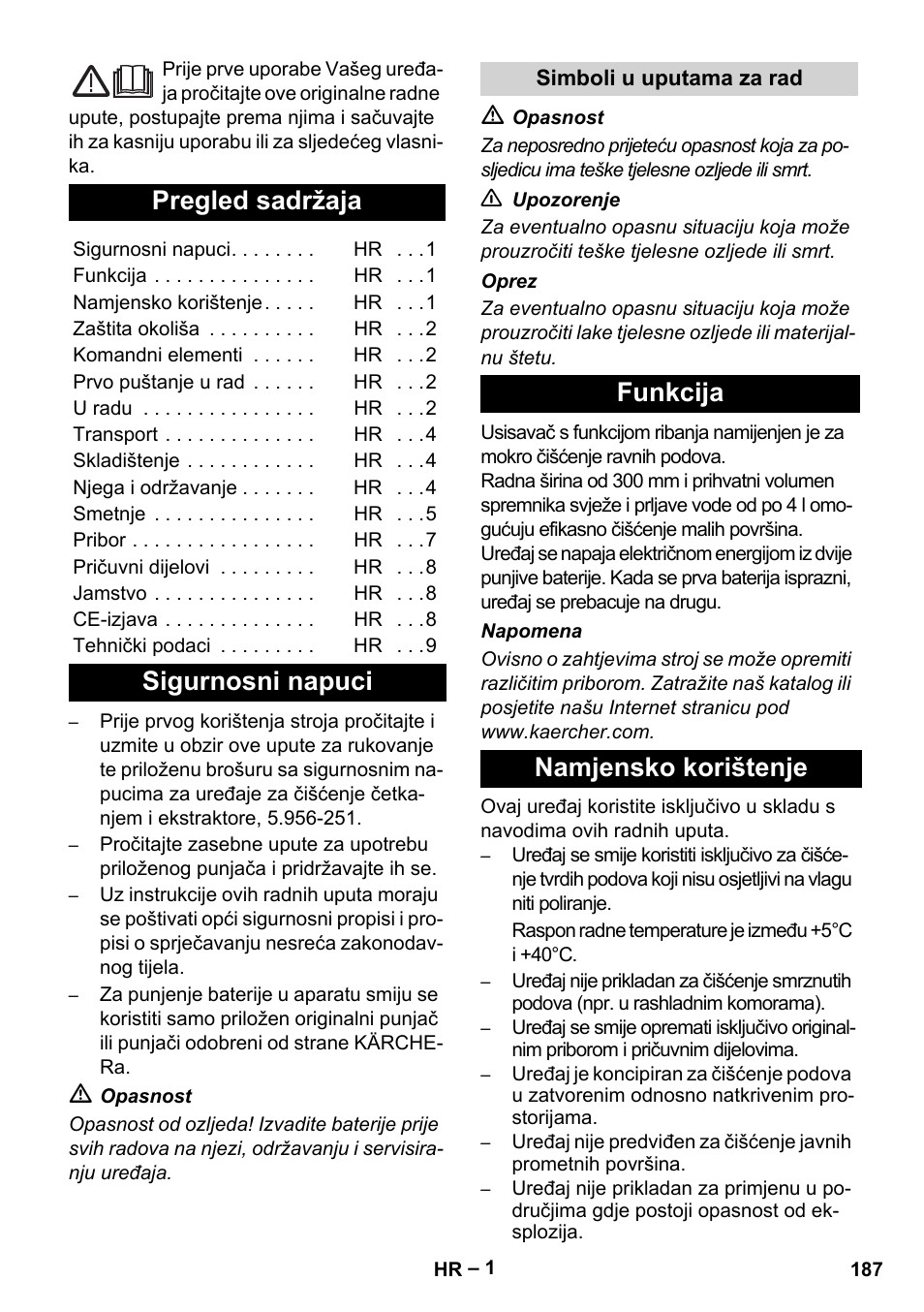 Hrvatski, Lietuviškai, Pregled sadržaja | Sigurnosni napuci, Funkcija namjensko korištenje | Karcher BR 30-4 C Bp Pack User Manual | Page 187 / 252