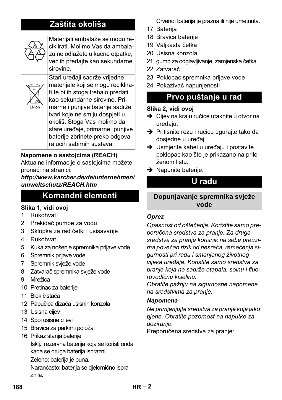 Zaštita okoliša, Komandni elementi prvo puštanje u rad u radu | Karcher BR 30-4 C Bp Pack User Manual | Page 188 / 252