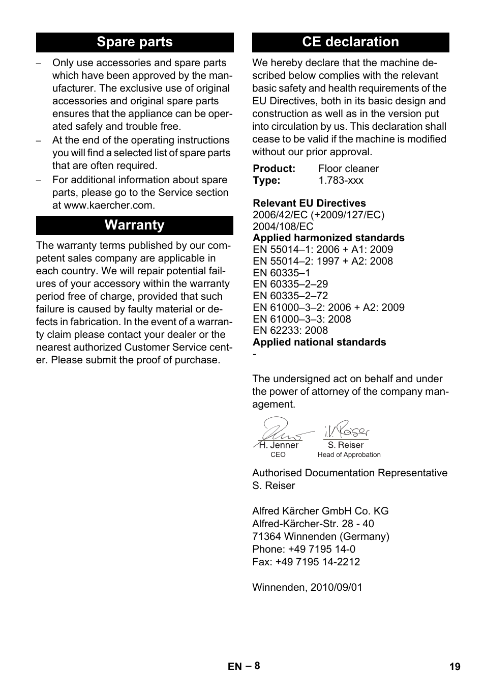 Spare parts warranty ce declaration | Karcher BR 30-4 C Bp Pack User Manual | Page 19 / 252