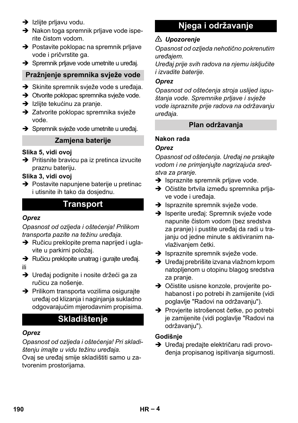 Transport skladištenje njega i održavanje | Karcher BR 30-4 C Bp Pack User Manual | Page 190 / 252