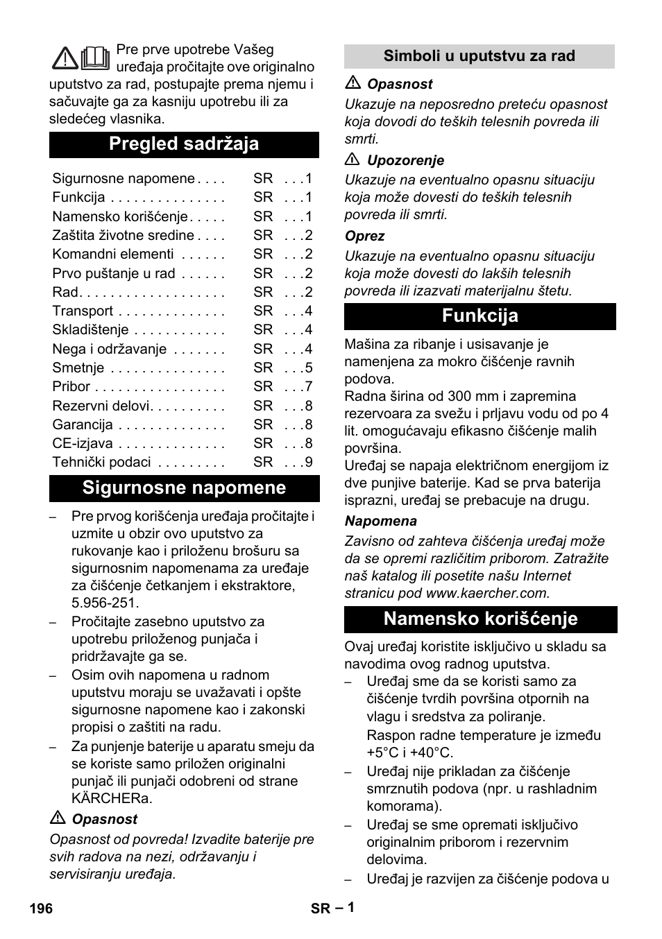 Srpski, Latviešu, Pregled sadržaja | Sigurnosne napomene, Funkcija namensko korišćenje | Karcher BR 30-4 C Bp Pack User Manual | Page 196 / 252