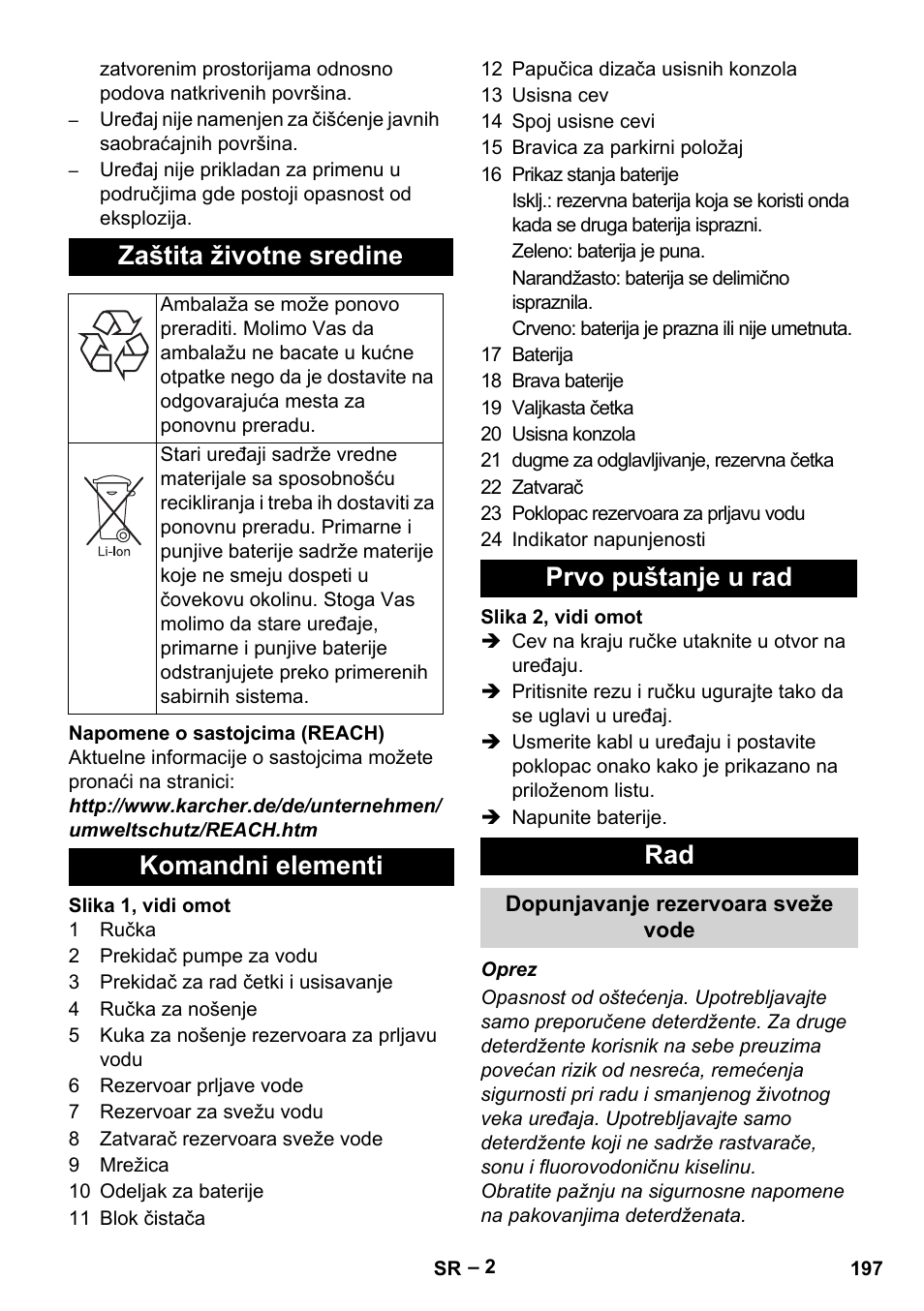 Zaštita životne sredine, Komandni elementi prvo puštanje u rad rad | Karcher BR 30-4 C Bp Pack User Manual | Page 197 / 252