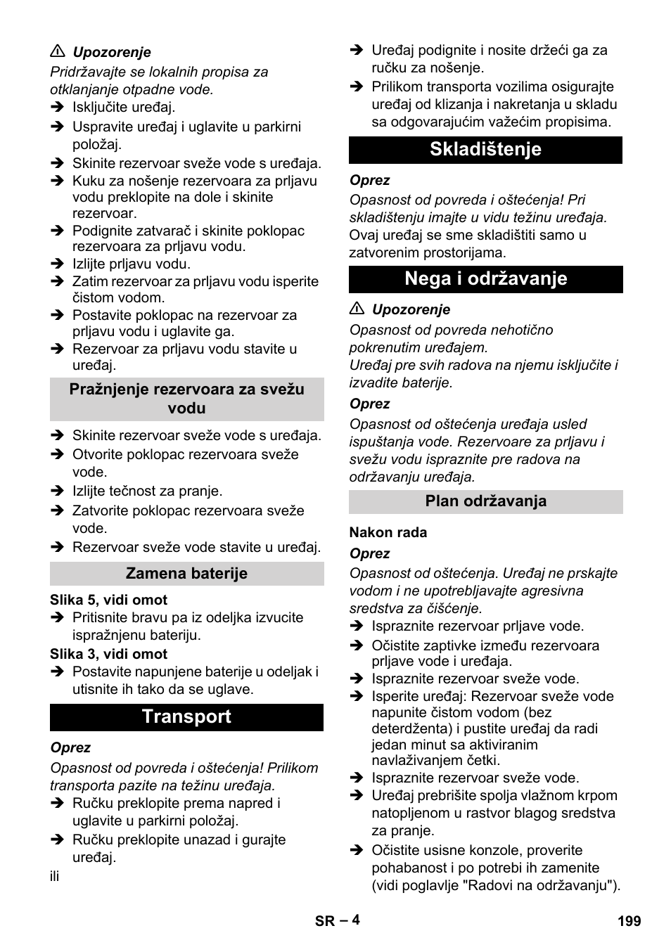 Transport skladištenje nega i održavanje | Karcher BR 30-4 C Bp Pack User Manual | Page 199 / 252