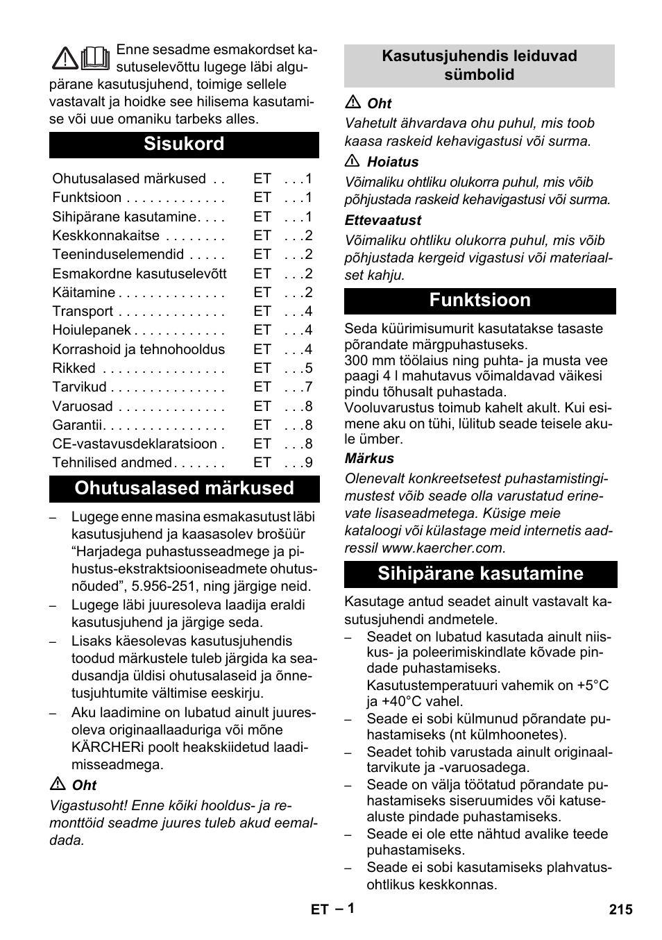 Eesti, Sisukord, Ohutusalased märkused | Funktsioon sihipärane kasutamine | Karcher BR 30-4 C Bp Pack User Manual | Page 215 / 252