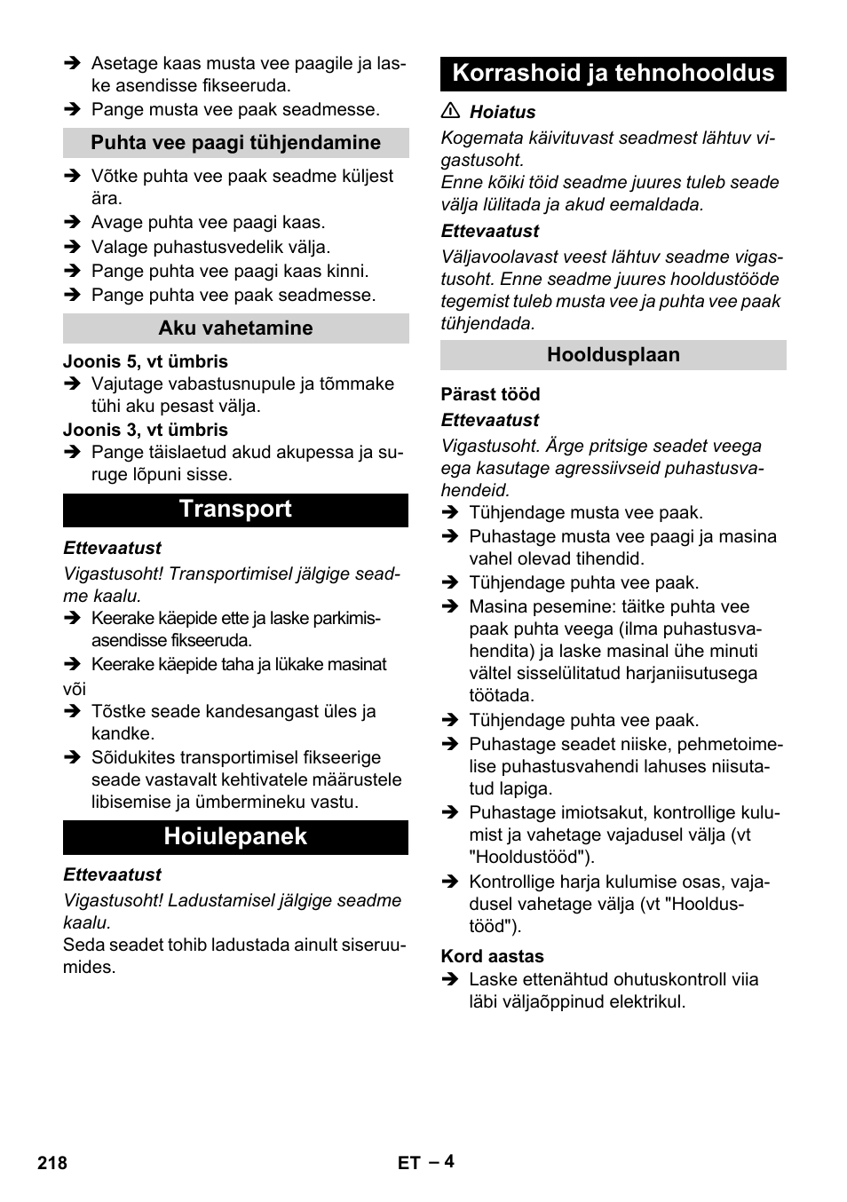 Transport hoiulepanek korrashoid ja tehnohooldus | Karcher BR 30-4 C Bp Pack User Manual | Page 218 / 252