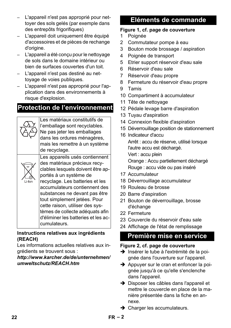 Protection de l’environnement, Eléments de commande première mise en service | Karcher BR 30-4 C Bp Pack User Manual | Page 22 / 252