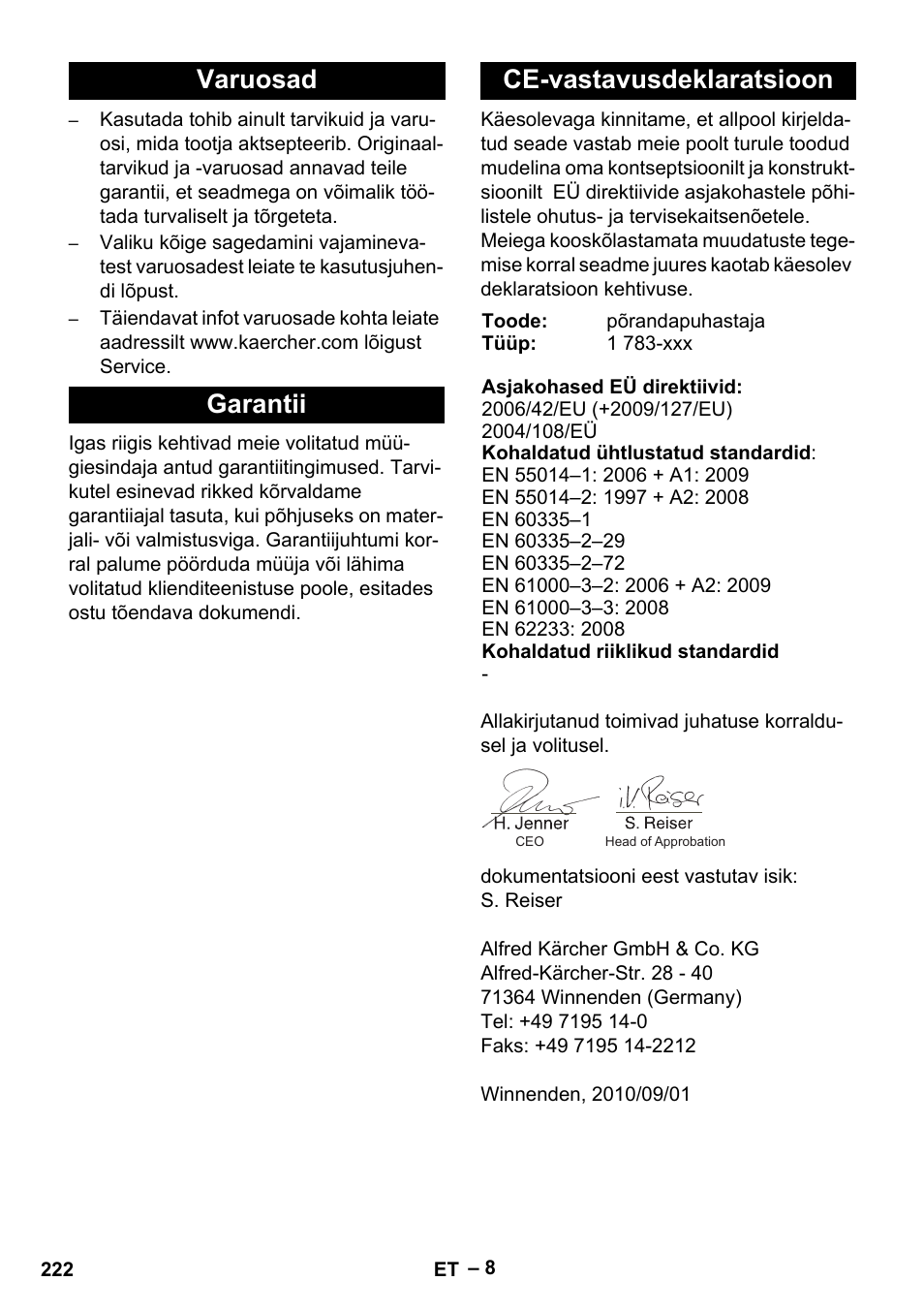 Varuosad garantii ce-vastavusdeklaratsioon | Karcher BR 30-4 C Bp Pack User Manual | Page 222 / 252