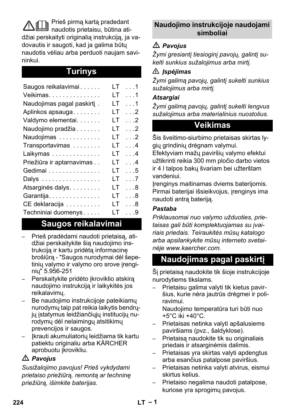 Lietuviškai, Turinys, Saugos reikalavimai | Veikimas naudojimas pagal paskirtį | Karcher BR 30-4 C Bp Pack User Manual | Page 224 / 252