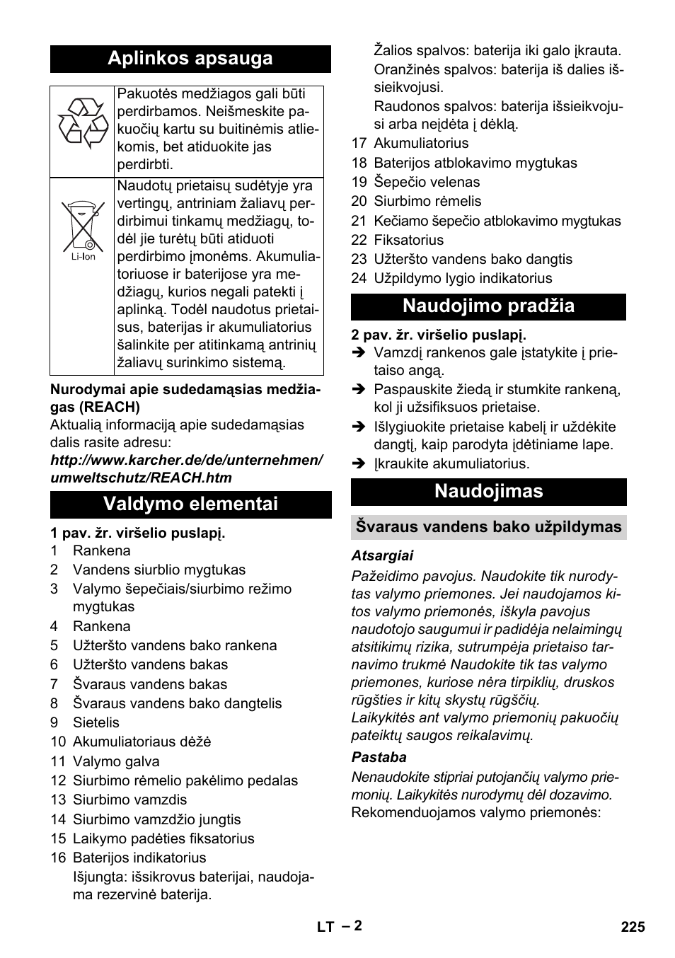 Aplinkos apsauga, Valdymo elementai naudojimo pradžia naudojimas | Karcher BR 30-4 C Bp Pack User Manual | Page 225 / 252