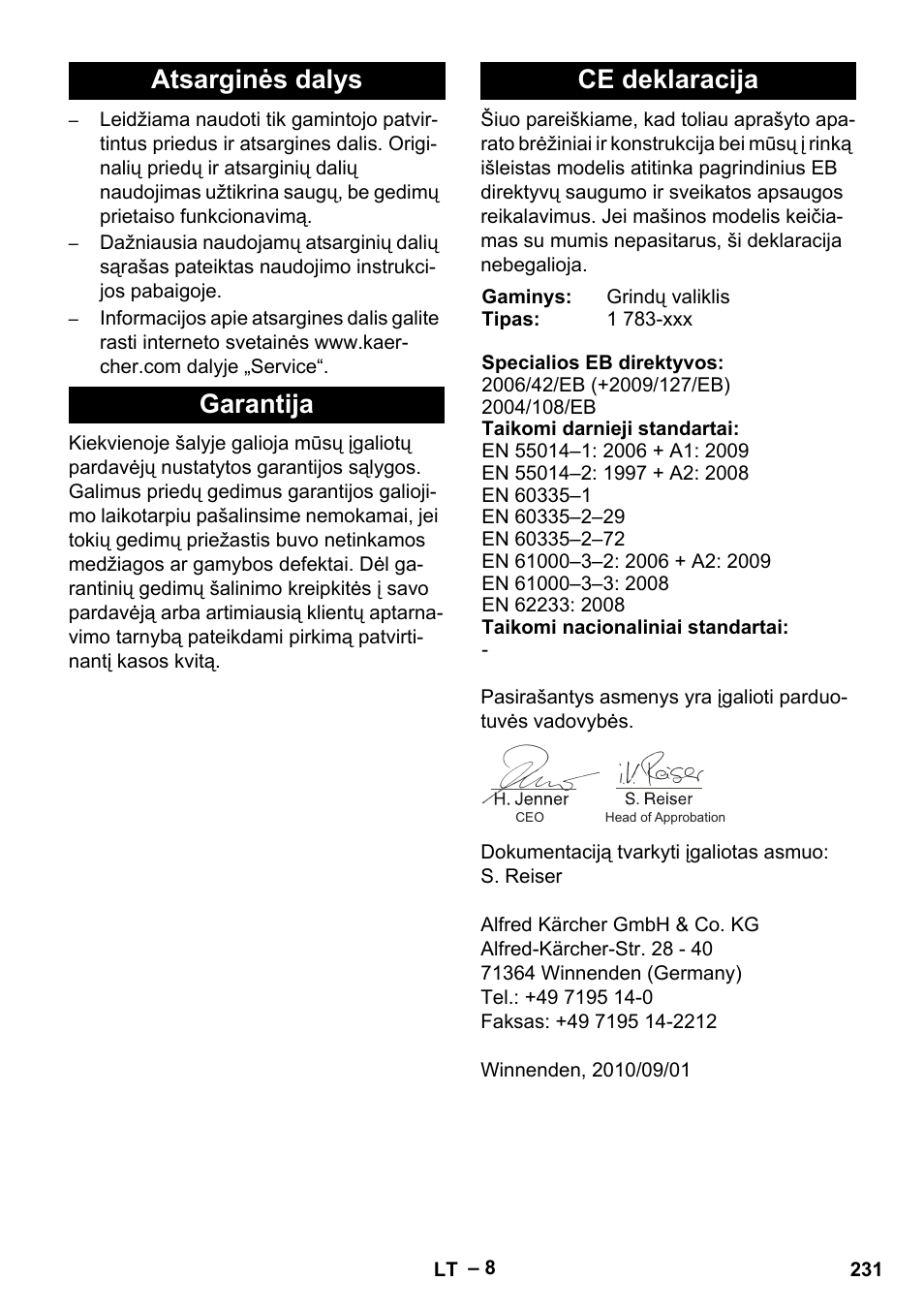 Atsarginės dalys garantija ce deklaracija | Karcher BR 30-4 C Bp Pack User Manual | Page 231 / 252