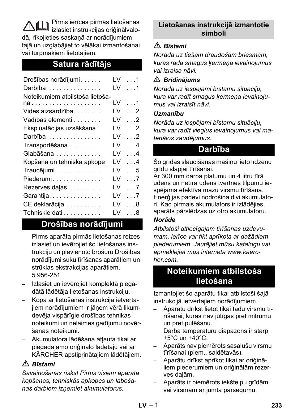 Latviešu, Satura rādītājs, Drošības norādījumi | Karcher BR 30-4 C Bp Pack User Manual | Page 233 / 252