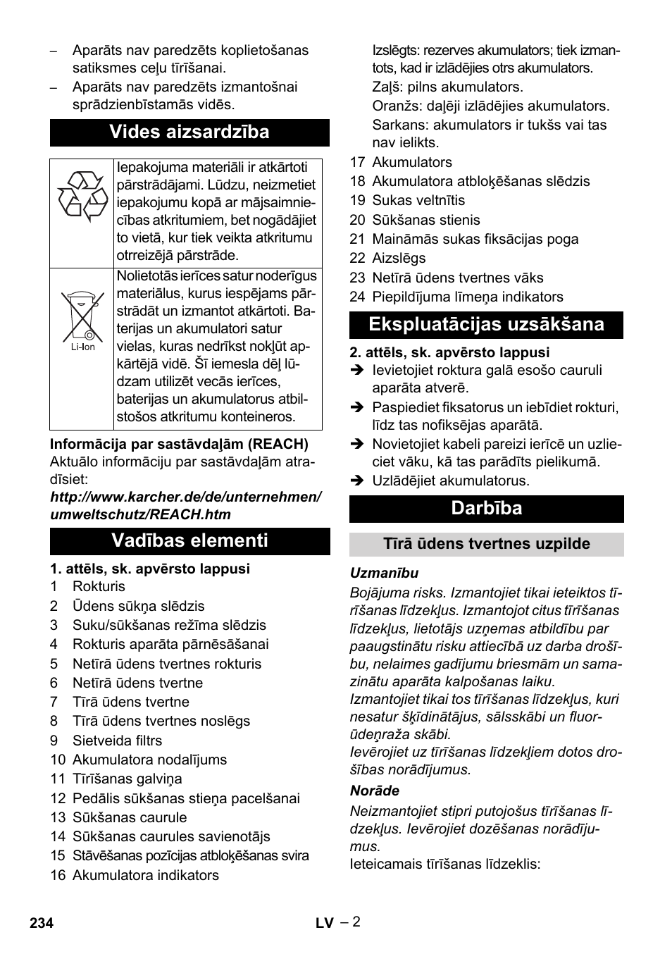 Vides aizsardzība, Vadības elementi ekspluatācijas uzsākšana darbība | Karcher BR 30-4 C Bp Pack User Manual | Page 234 / 252