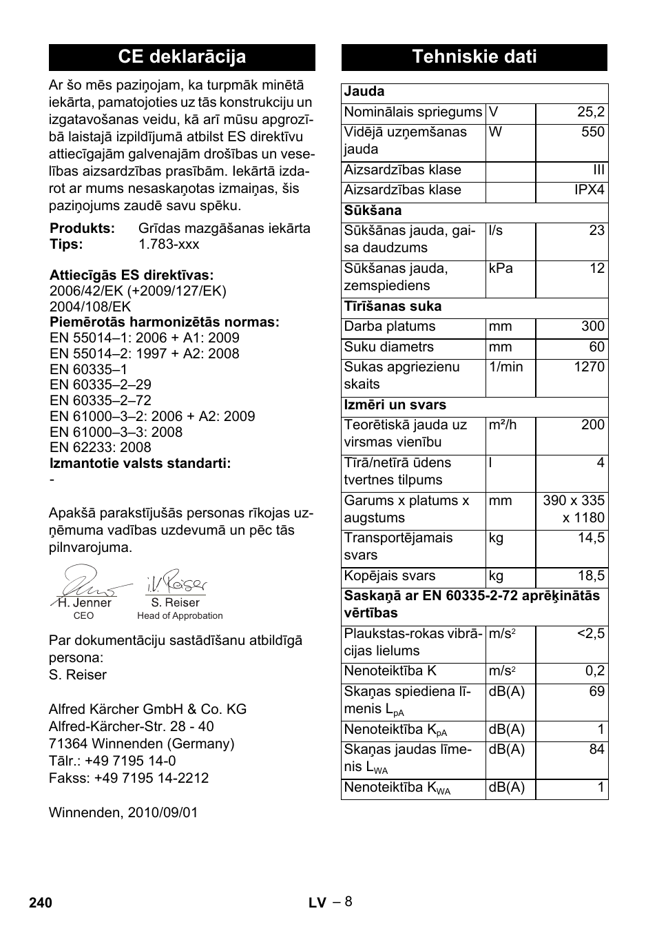 Ce deklarācija, Tehniskie dati | Karcher BR 30-4 C Bp Pack User Manual | Page 240 / 252